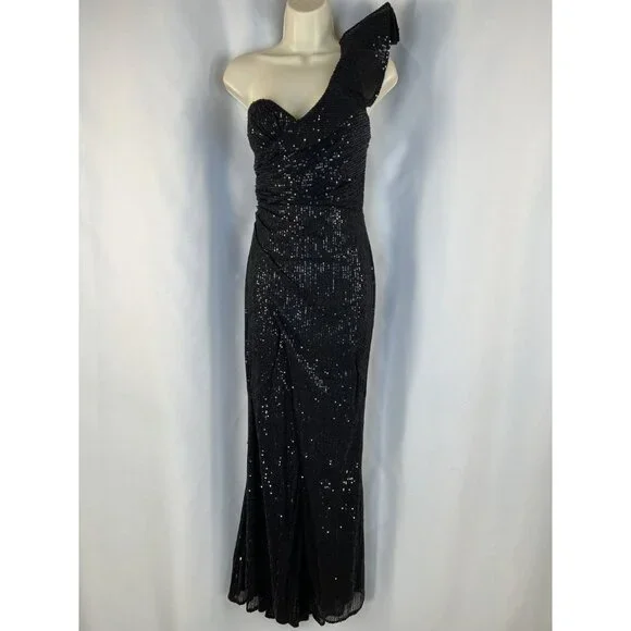 JVN by Jovani Black Sequin One Shoulder Ruffle Formal Gown $410